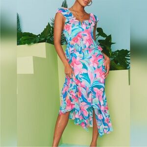 Show Me Your Mumu Reese Ruffle Dress Blue and Pink hibiscus size Large
